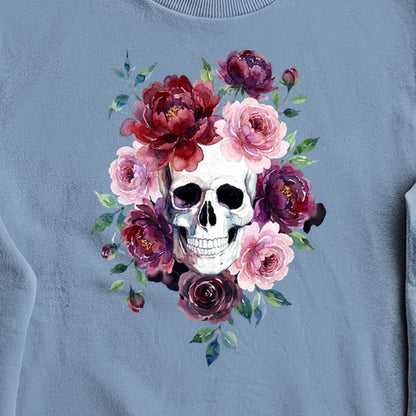 Watercolor Skull with Flowers Crewneck Sweatshirt