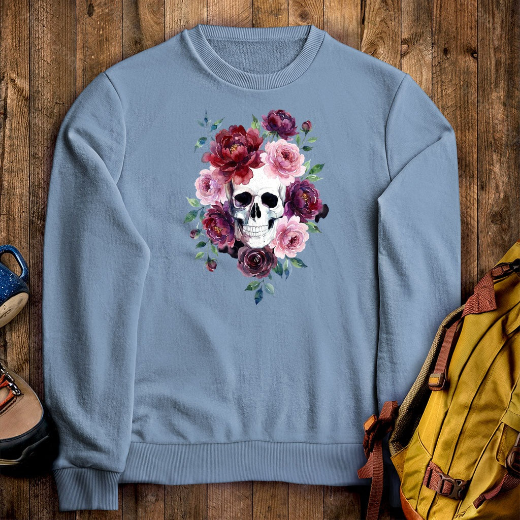 Watercolor Skull with Flowers Crewneck Sweatshirt