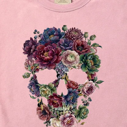 Gothic Flower Skull Cotton T-Shirt
