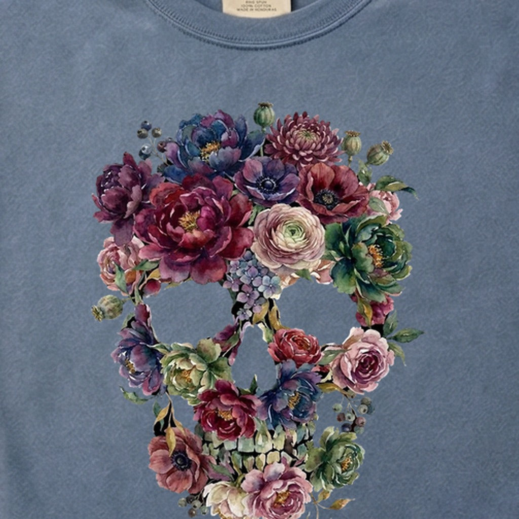 Gothic Flower Skull Cotton T-Shirt