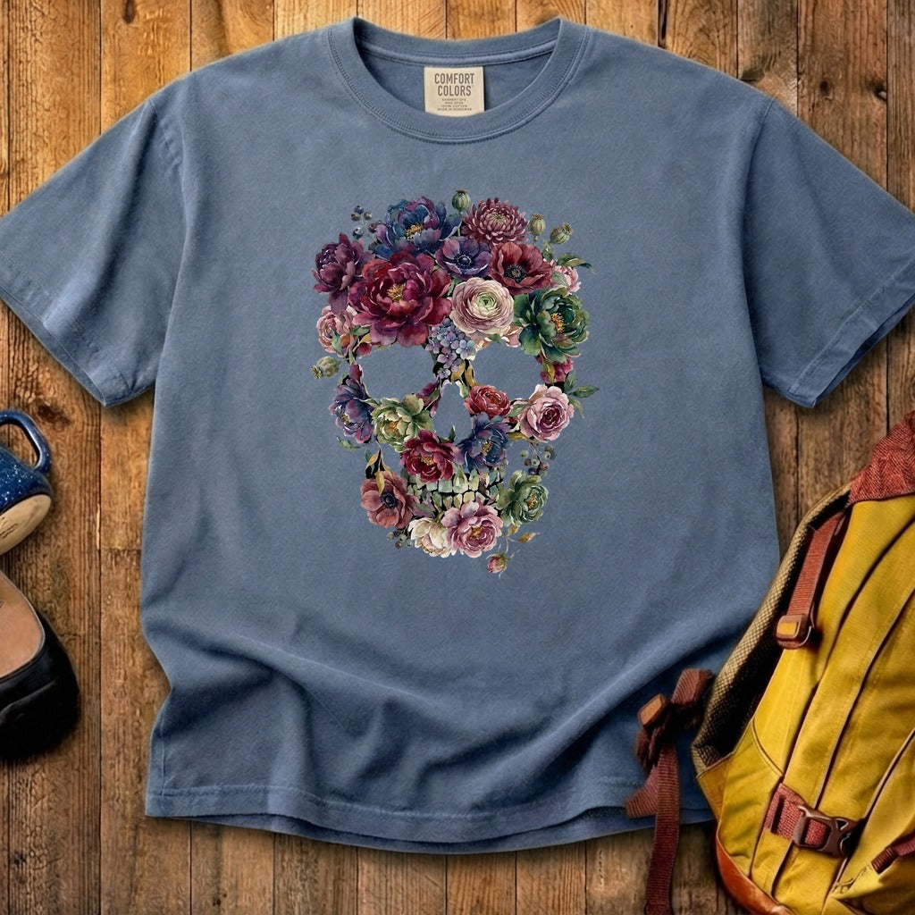 Gothic Flower Skull Cotton T-Shirt
