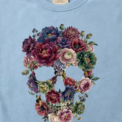 Gothic Flower Skull Cotton T-Shirt