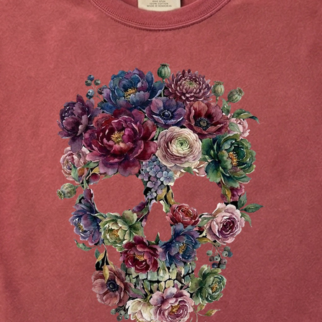 Gothic Flower Skull Cotton T-Shirt