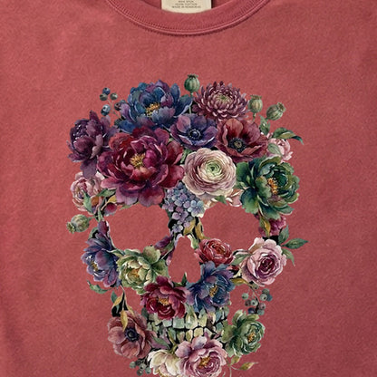 Gothic Flower Skull Cotton T-Shirt