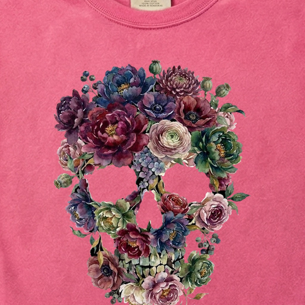Gothic Flower Skull Cotton T-Shirt
