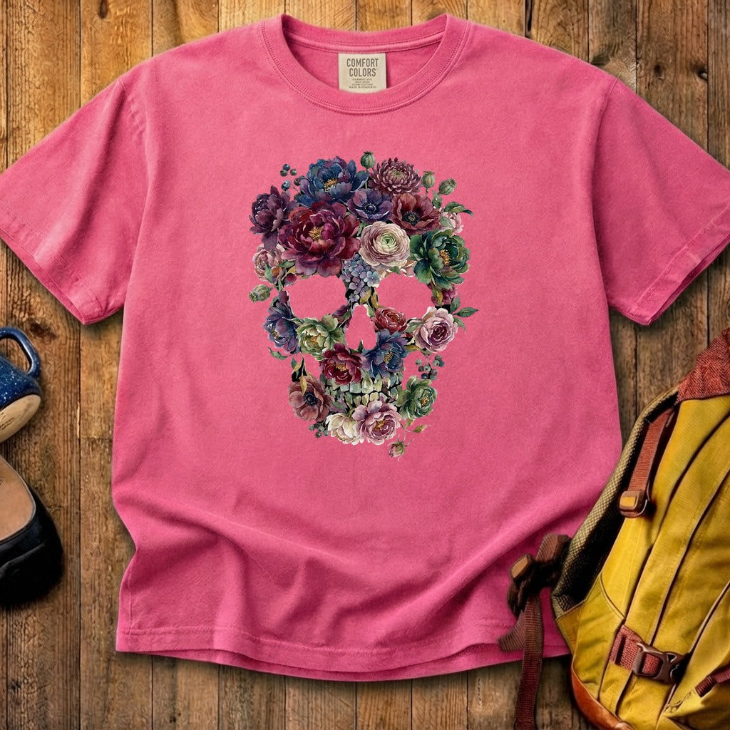 Gothic Flower Skull Cotton T-Shirt