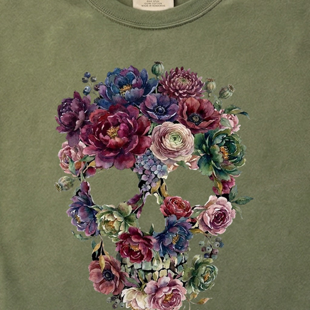 Gothic Flower Skull Cotton T-Shirt