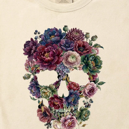 Gothic Flower Skull Cotton T-Shirt
