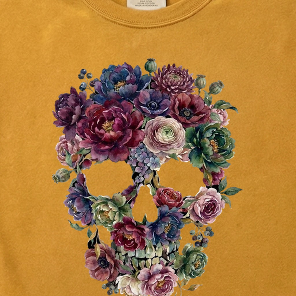 Gothic Flower Skull Cotton T-Shirt