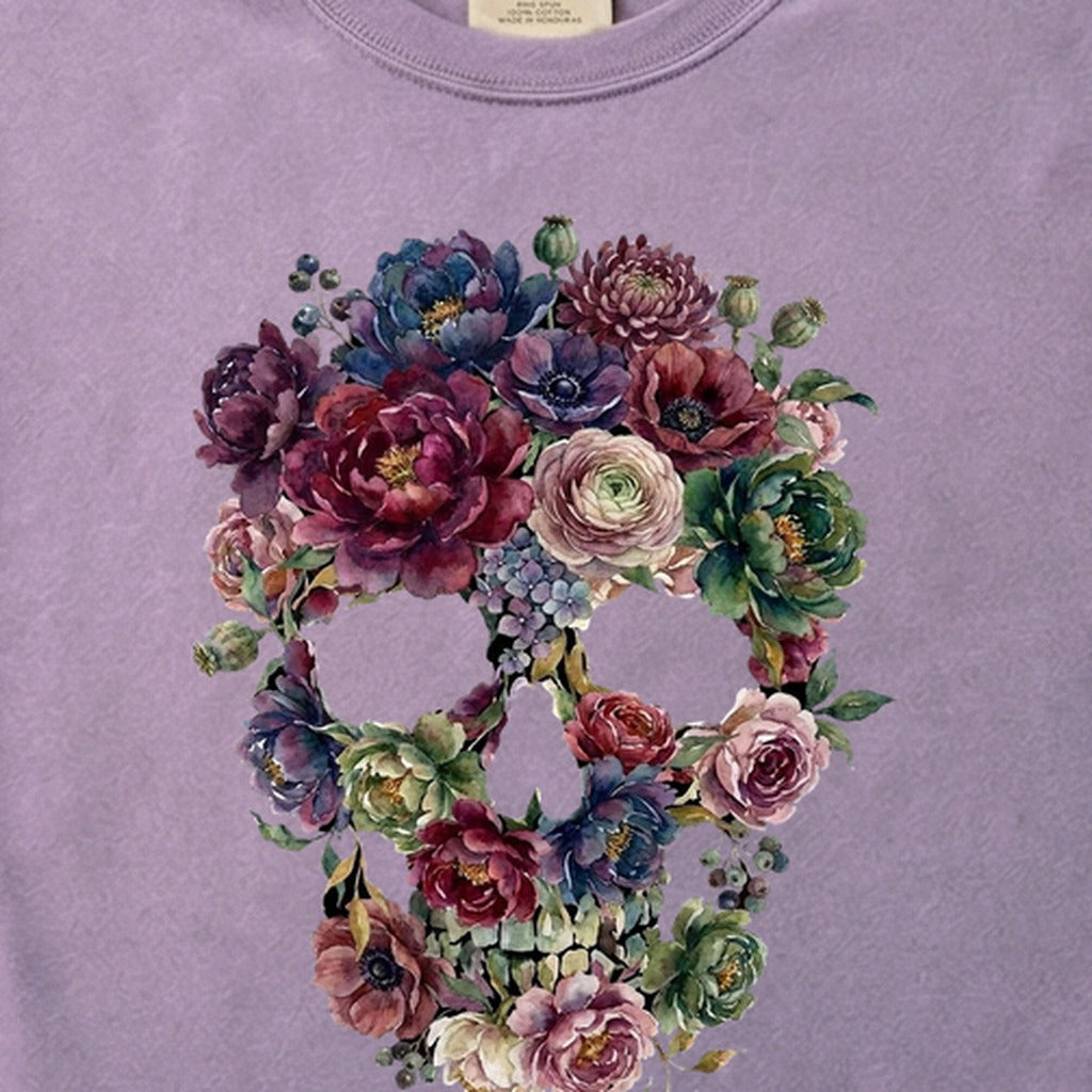 Gothic Flower Skull Cotton T-Shirt