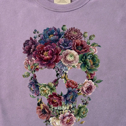 Gothic Flower Skull Cotton T-Shirt