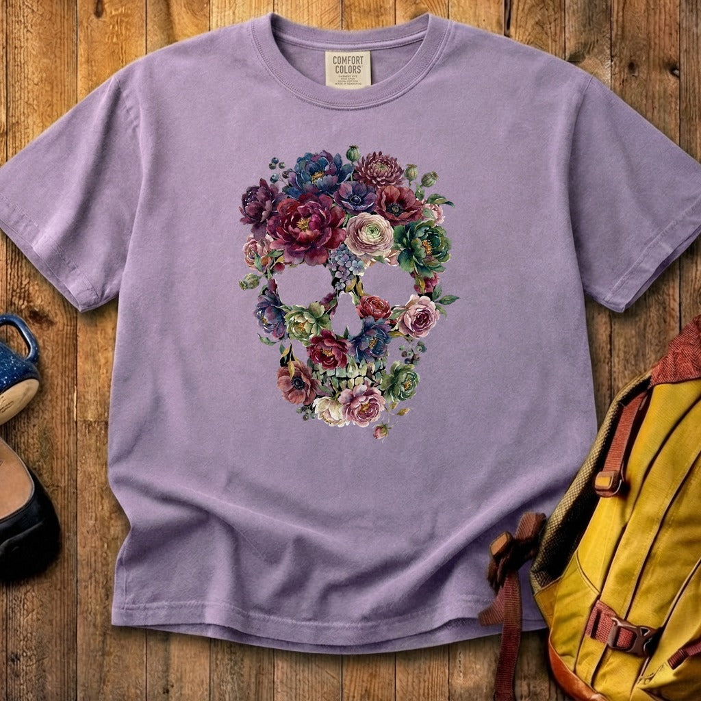 Gothic Flower Skull Cotton T-Shirt