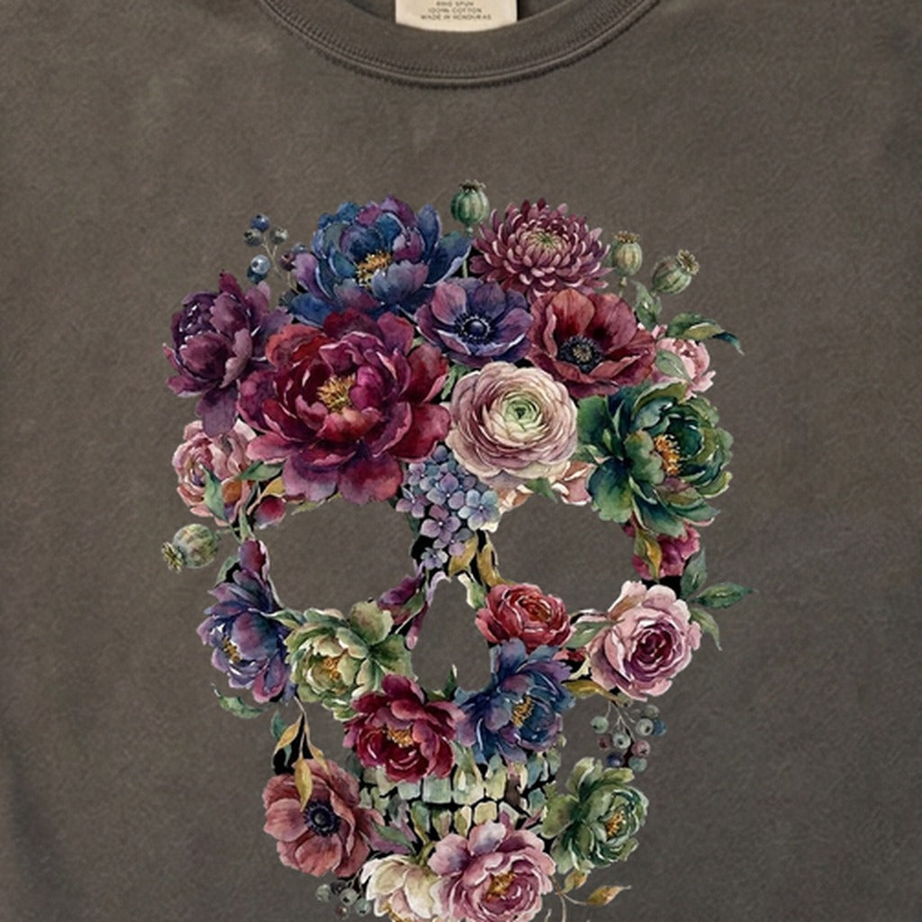 Gothic Flower Skull Cotton T-Shirt