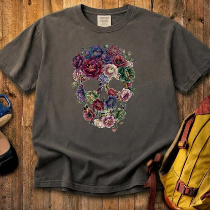 Gothic Flower Skull Cotton T-Shirt