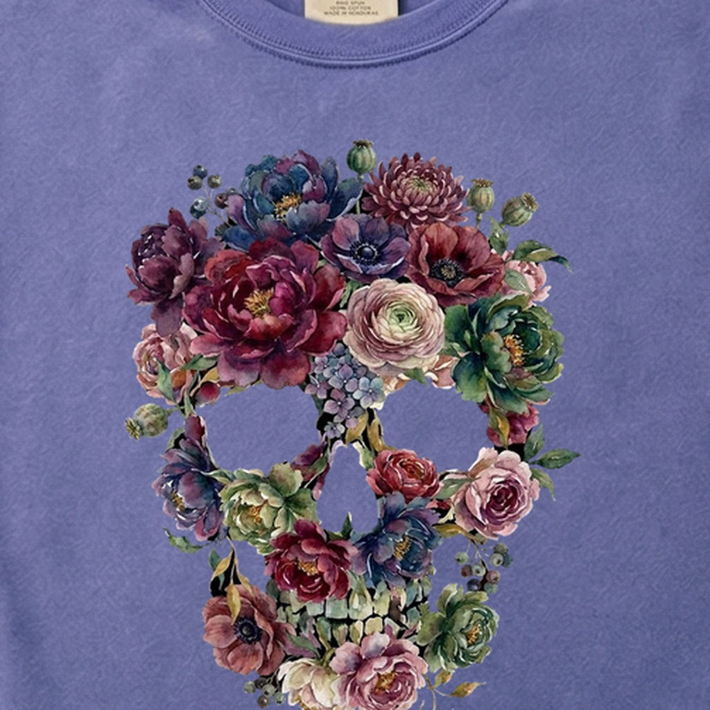 Gothic Flower Skull Cotton T-Shirt