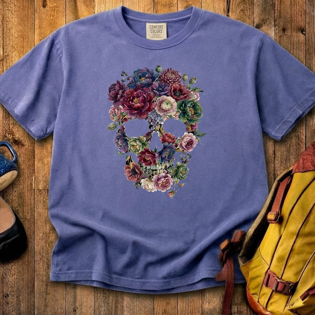 Gothic Flower Skull Cotton T-Shirt