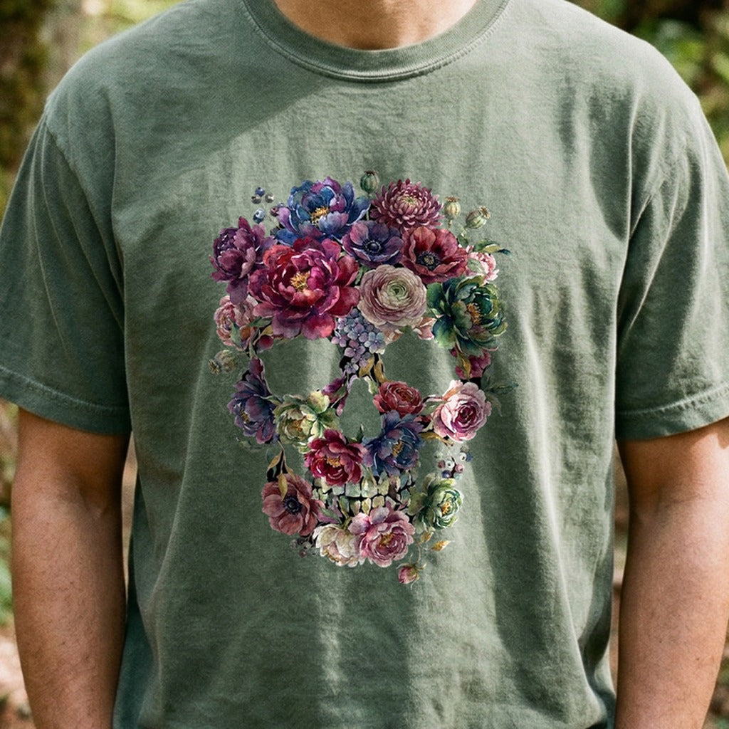 Gothic Flower Skull Cotton T-Shirt