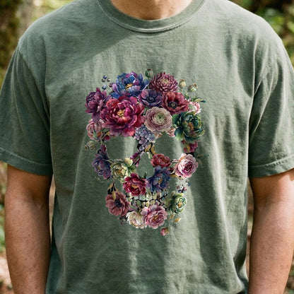 Gothic Flower Skull Cotton T-Shirt