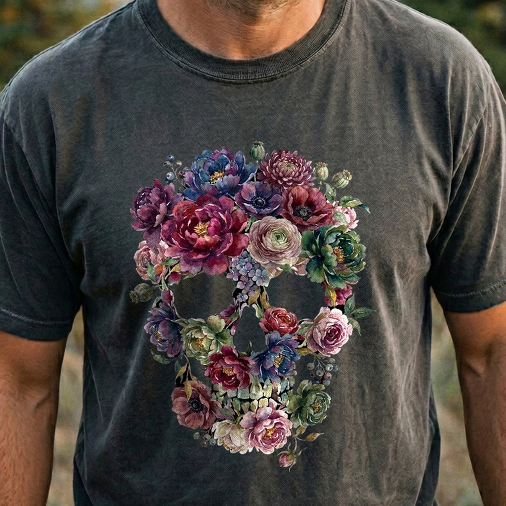 Gothic Flower Skull Cotton T-Shirt