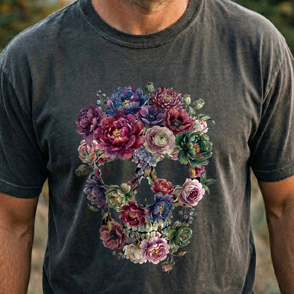 Gothic Flower Skull Cotton T-Shirt