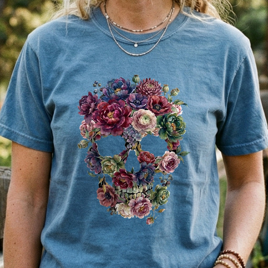 Gothic Flower Skull Cotton T-Shirt