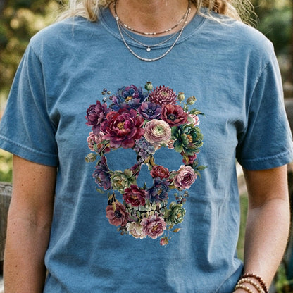 Gothic Flower Skull Cotton T-Shirt