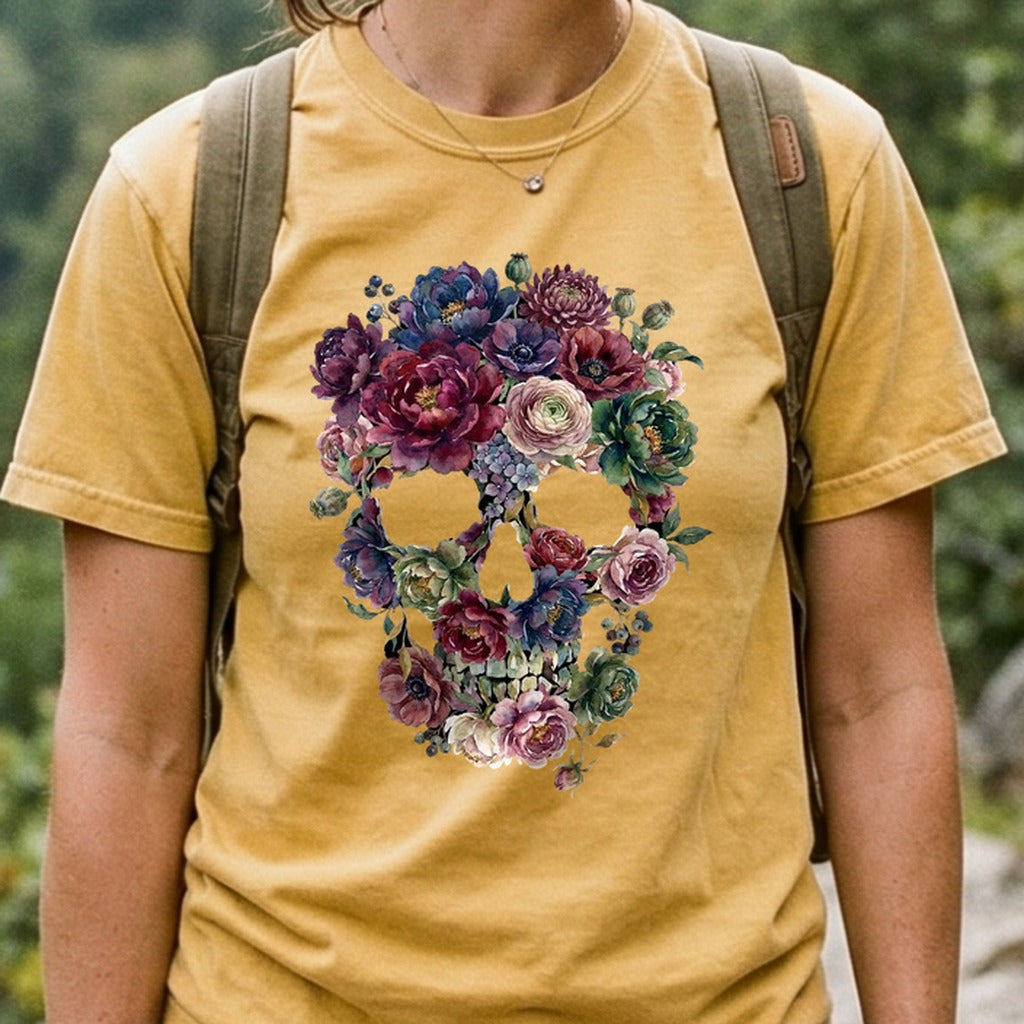 Gothic Flower Skull Cotton T-Shirt