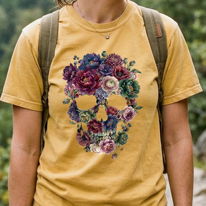 Gothic Flower Skull Cotton T-Shirt