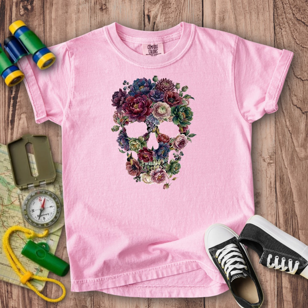 Gothic Flower Skull Kids Cotton T-Shirt