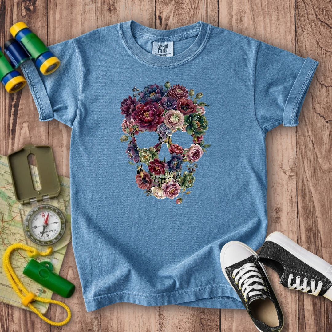 Gothic Flower Skull Kids Cotton T-Shirt