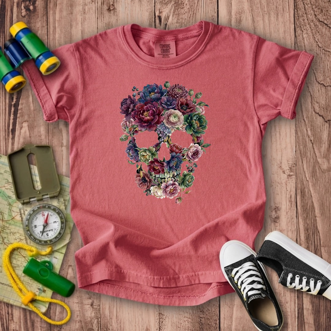 Gothic Flower Skull Kids Cotton T-Shirt
