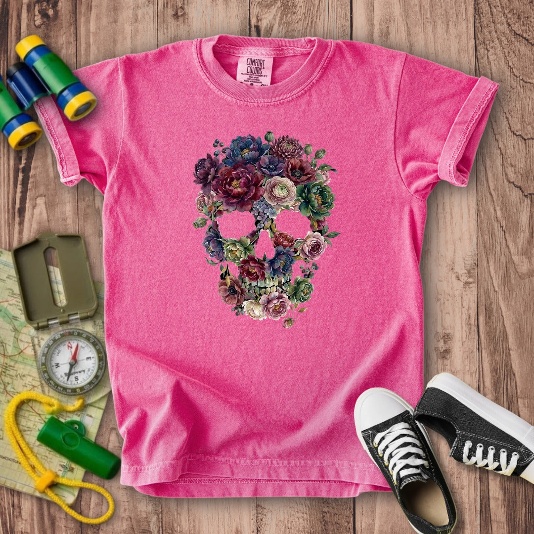Gothic Flower Skull Kids Cotton T-Shirt