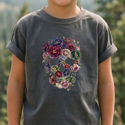 Gothic Flower Skull Kids Cotton T-Shirt