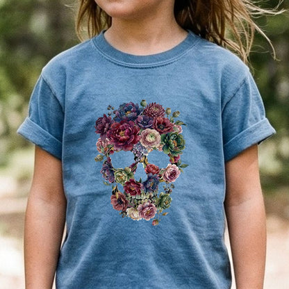 Gothic Flower Skull Kids Cotton T-Shirt