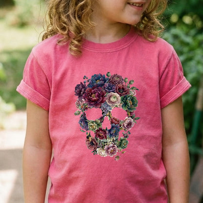 Gothic Flower Skull Kids Cotton T-Shirt