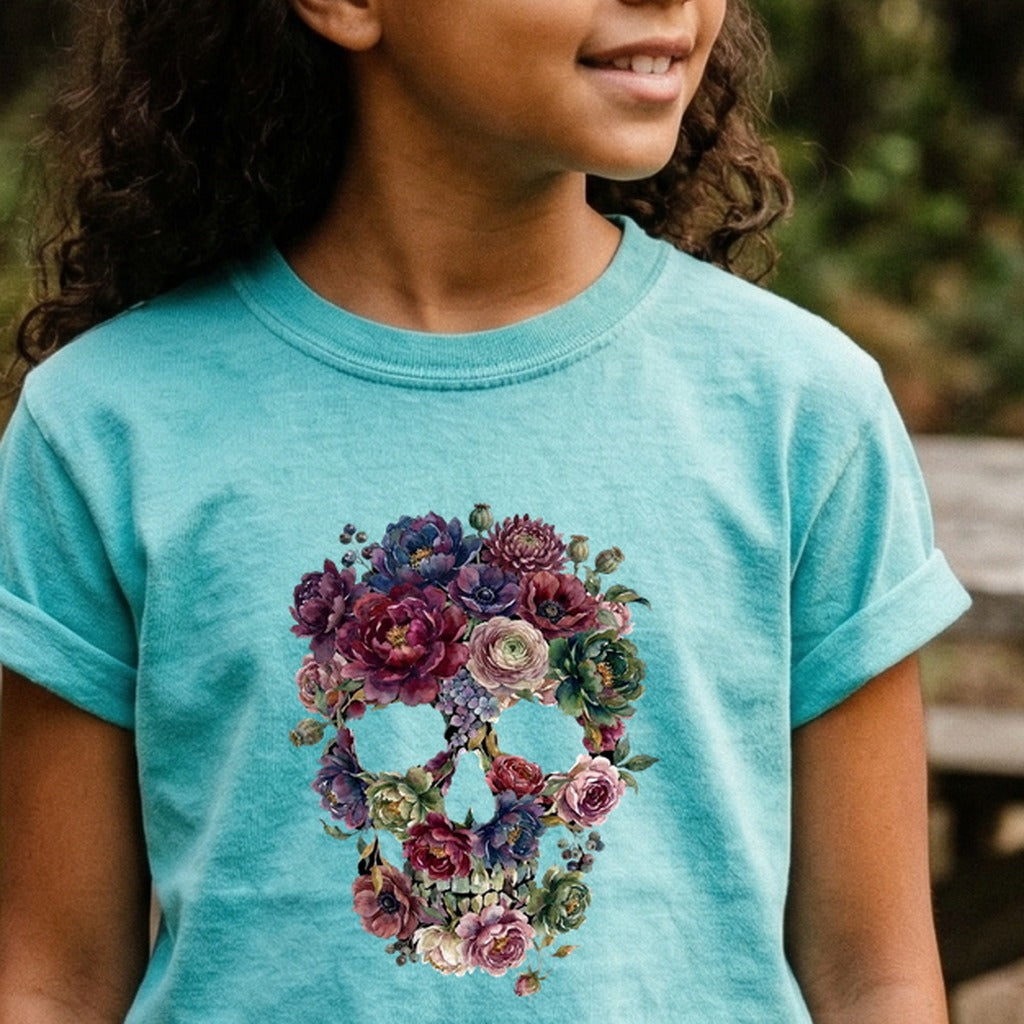 Gothic Flower Skull Kids Cotton T-Shirt
