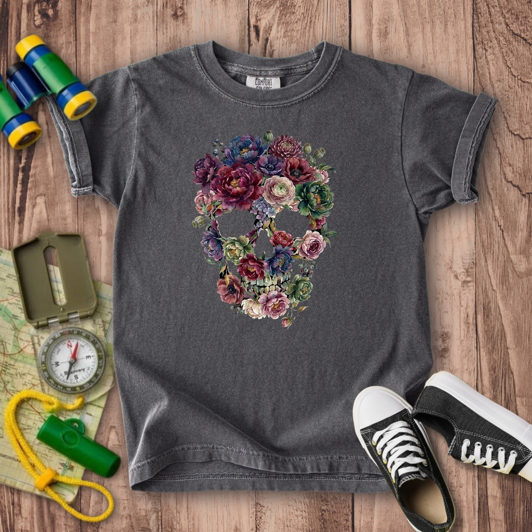 Gothic Flower Skull Kids Cotton T-Shirt