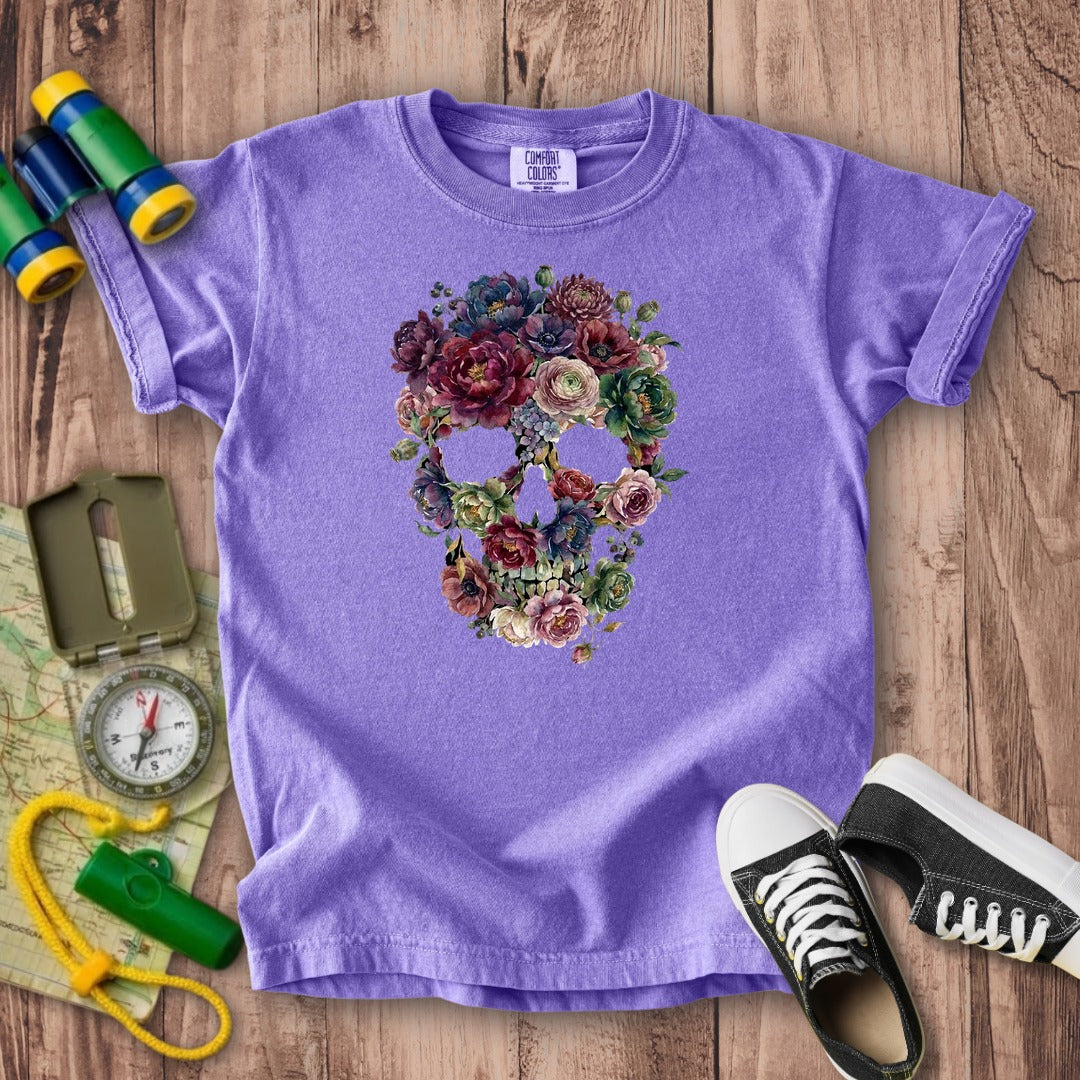 Gothic Flower Skull Kids Cotton T-Shirt