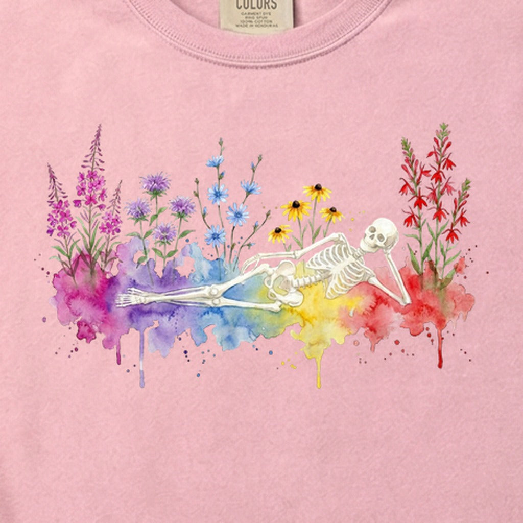 Halloween Skeleton Watercolor Wildflowers Cotton T-Shirt