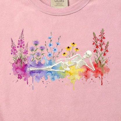 Halloween Skeleton Watercolor Wildflowers Cotton T-Shirt