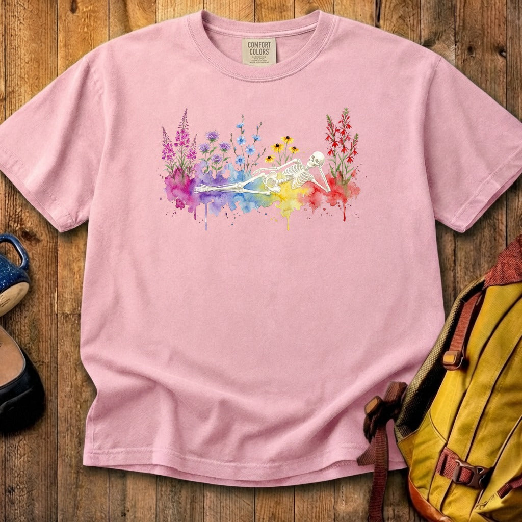 Halloween Skeleton Watercolor Wildflowers Cotton T-Shirt