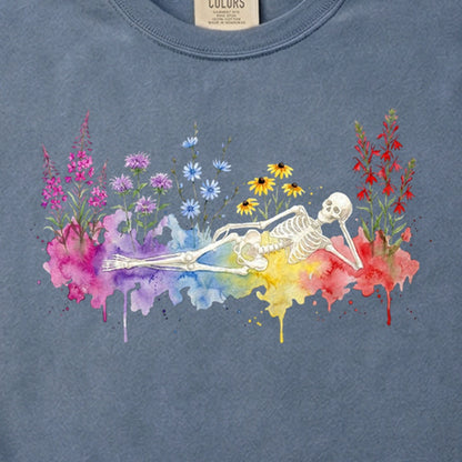 Halloween Skeleton Watercolor Wildflowers Cotton T-Shirt