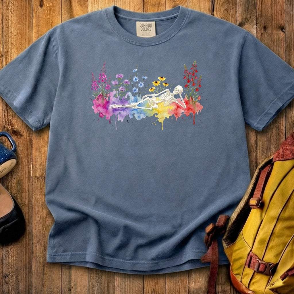 Halloween Skeleton Watercolor Wildflowers Cotton T-Shirt