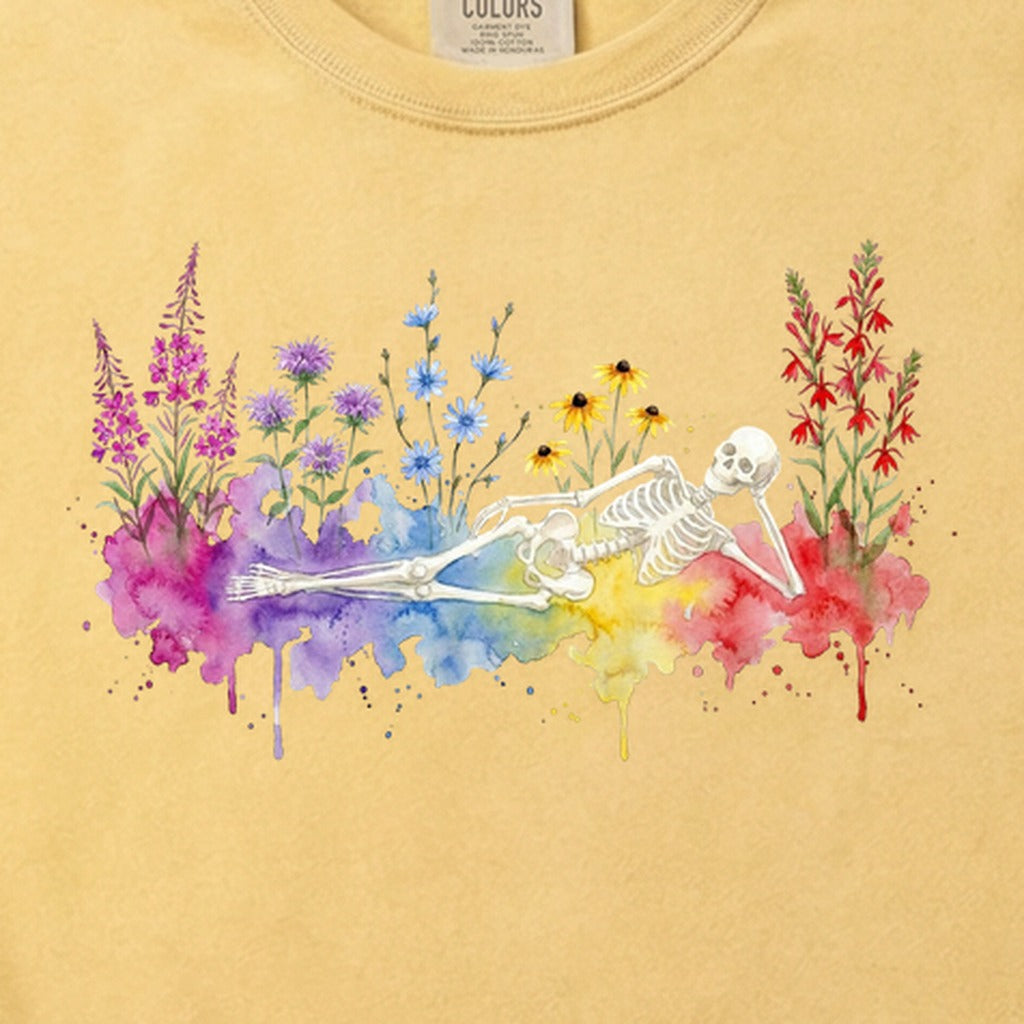 Halloween Skeleton Watercolor Wildflowers Cotton T-Shirt