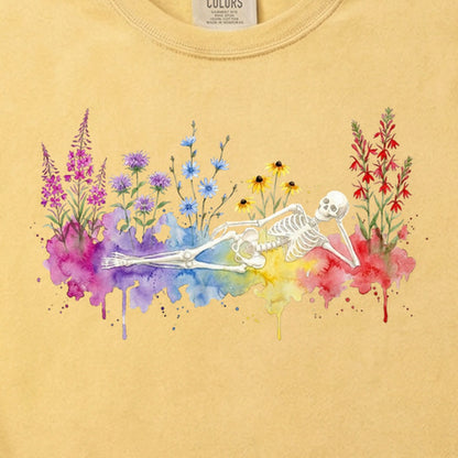 Halloween Skeleton Watercolor Wildflowers Cotton T-Shirt