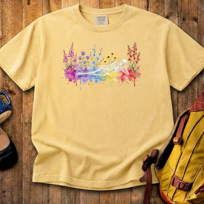 Halloween Skeleton Watercolor Wildflowers Cotton T-Shirt