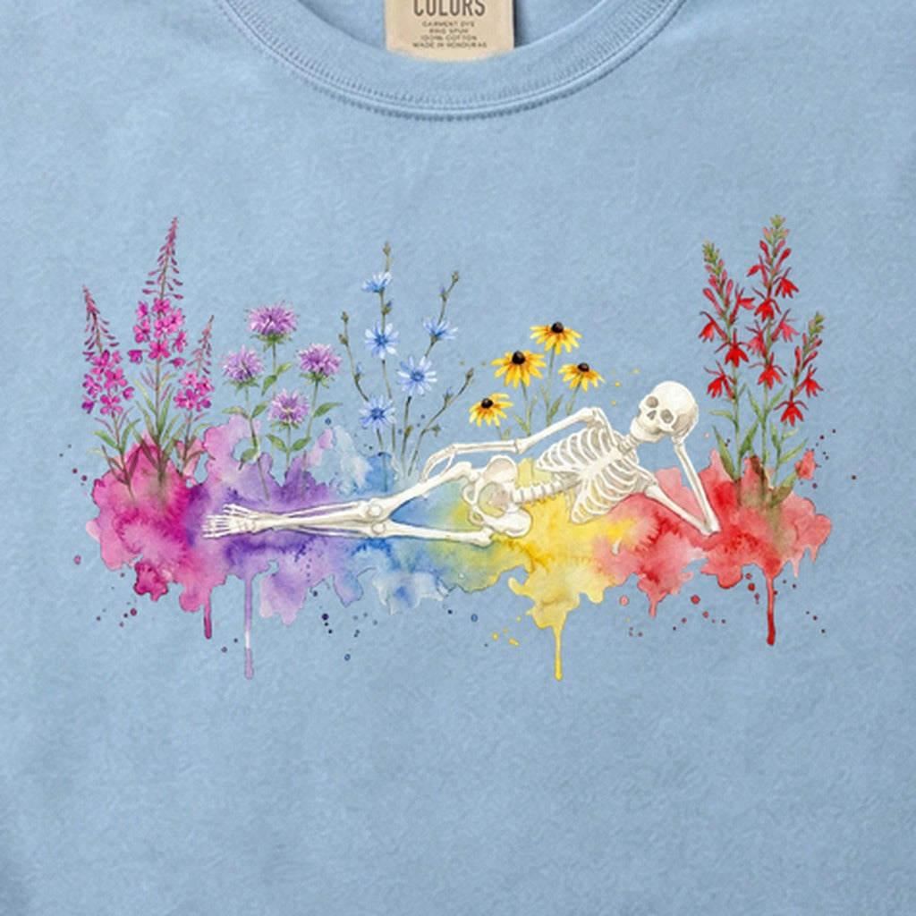 Halloween Skeleton Watercolor Wildflowers Cotton T-Shirt
