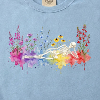 Halloween Skeleton Watercolor Wildflowers Cotton T-Shirt