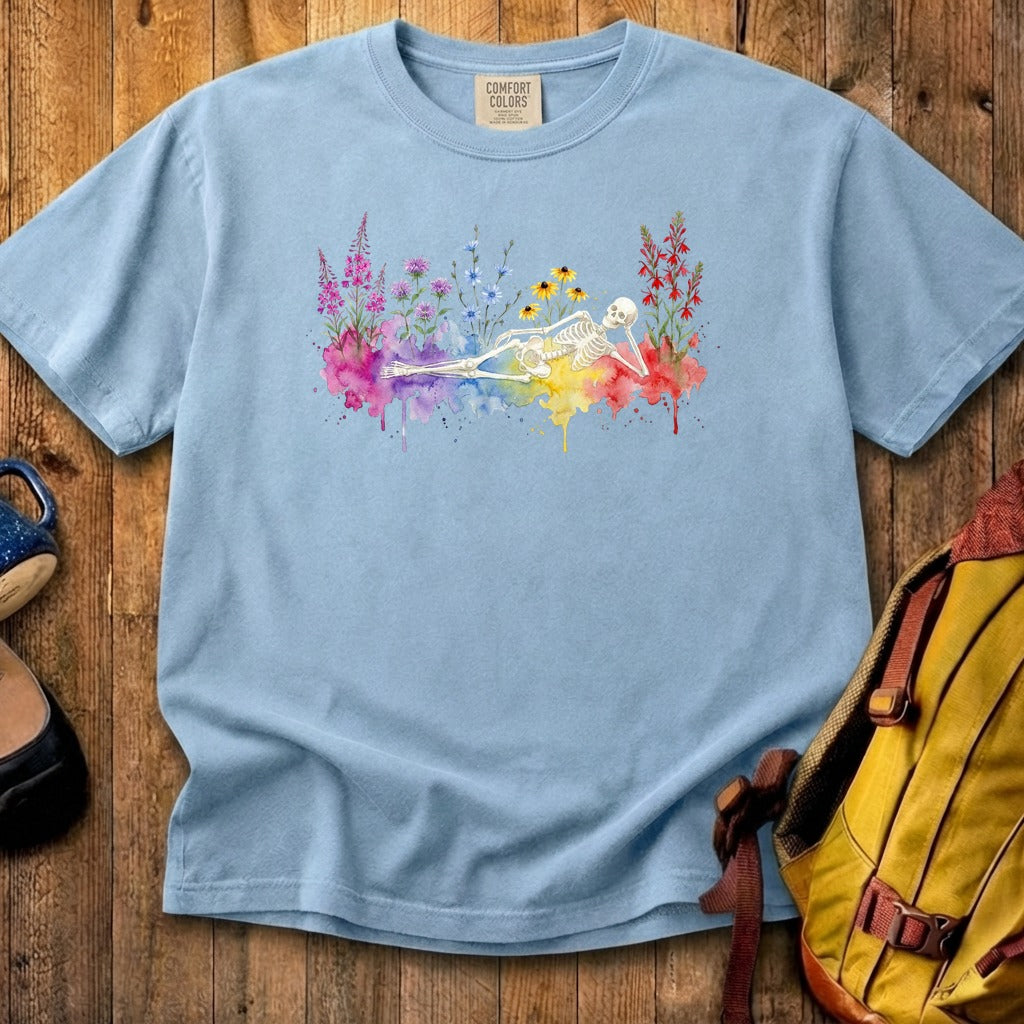 Halloween Skeleton Watercolor Wildflowers Cotton T-Shirt