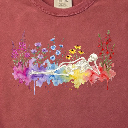 Halloween Skeleton Watercolor Wildflowers Cotton T-Shirt